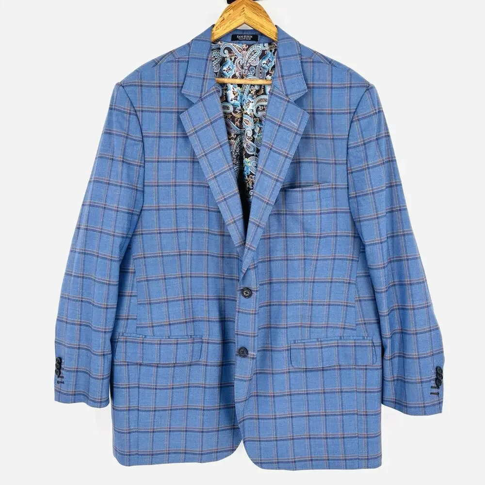Sam Surin Blazer Jacket 2 Button Blue Plaid Size 50L Biella Italy Wool Fabric